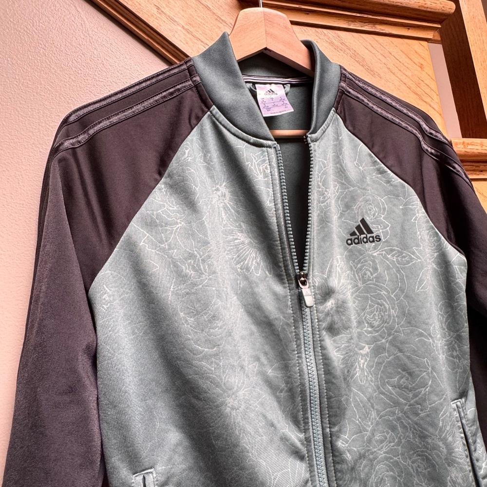 Y2K Adidas Tracksuit Jacket Teal Green Black Floral Print Full Zip Mens Small